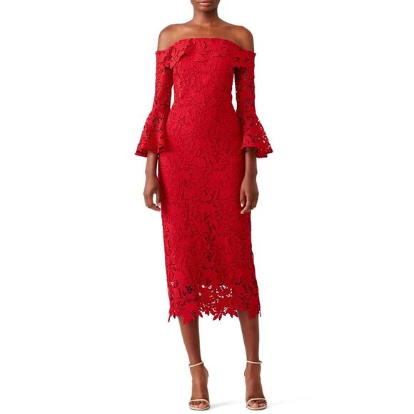 Shoshanna Red Harrison Lace Midi Dress Off the Shoulder Bell Sleeves Bodycon 6 - Picture 1 of 8